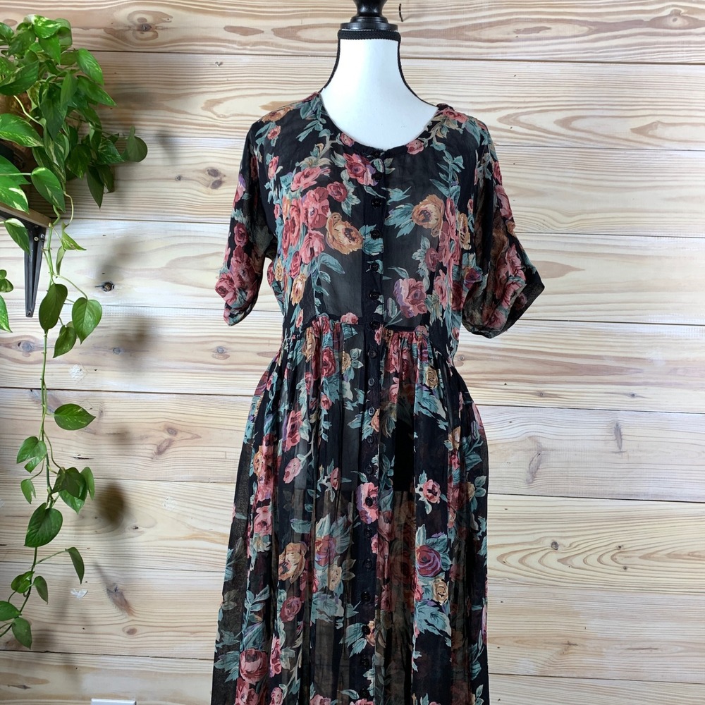 Vtg‎ 90s Starina Midi Dress Womens S Button Dark Floral Whimsigoth Fairy Grunge